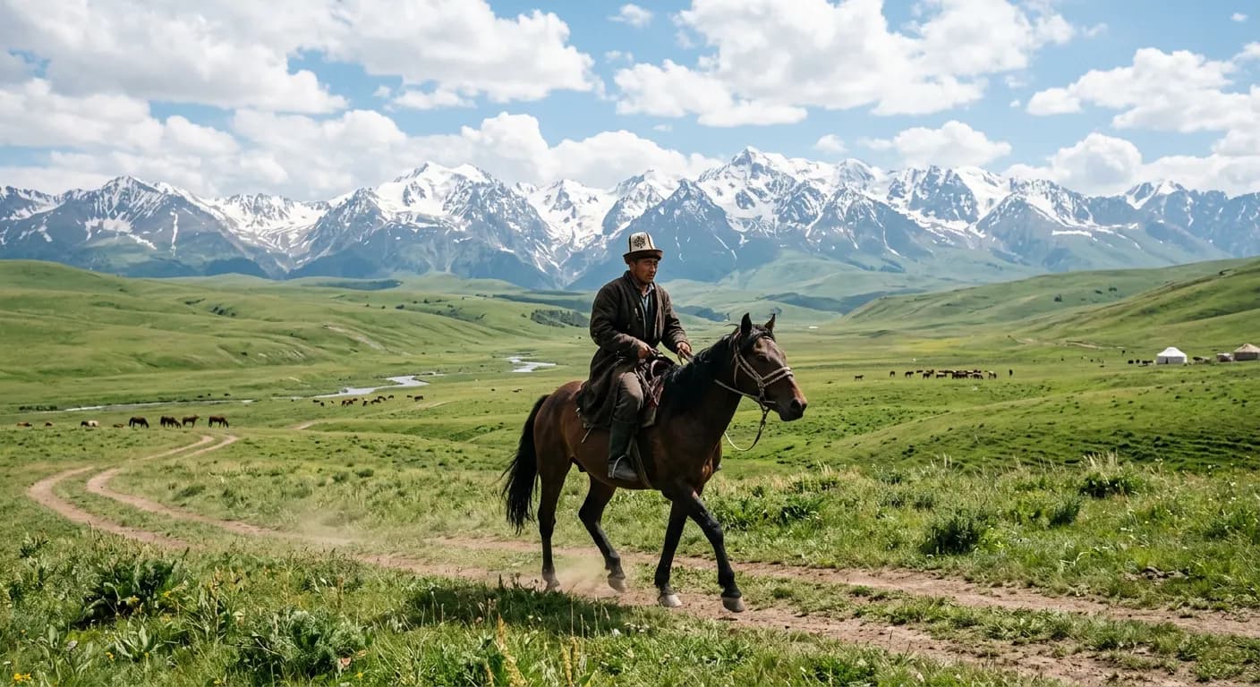 Horse rider crossing the Kazakh steppe with snowy mountains ahead