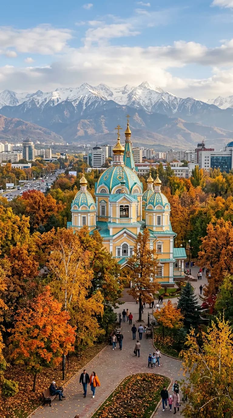 Zenkov Cathedral in Almaty with snow-capped mountains behind it