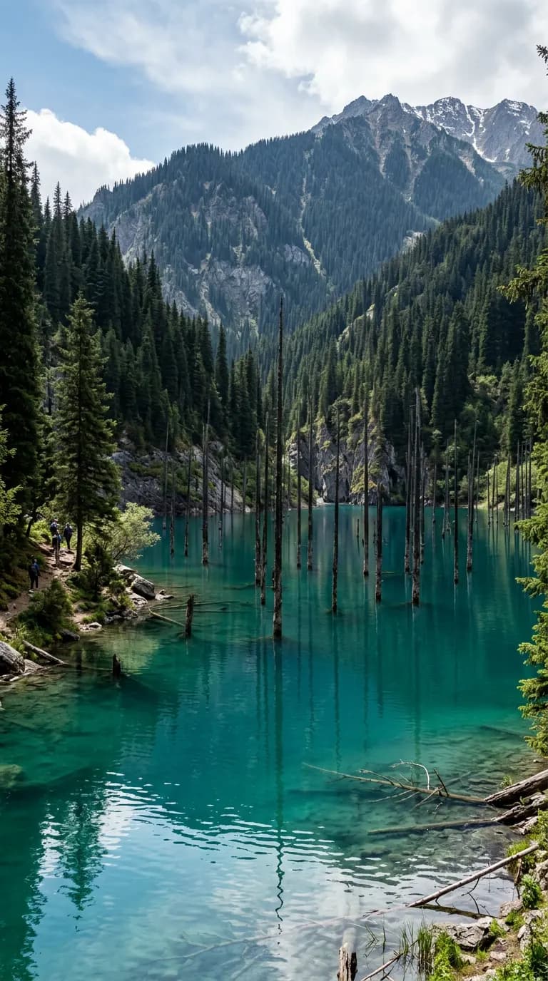 Turquoise Kaindy Lake with submerged spruce trunks rising from the water