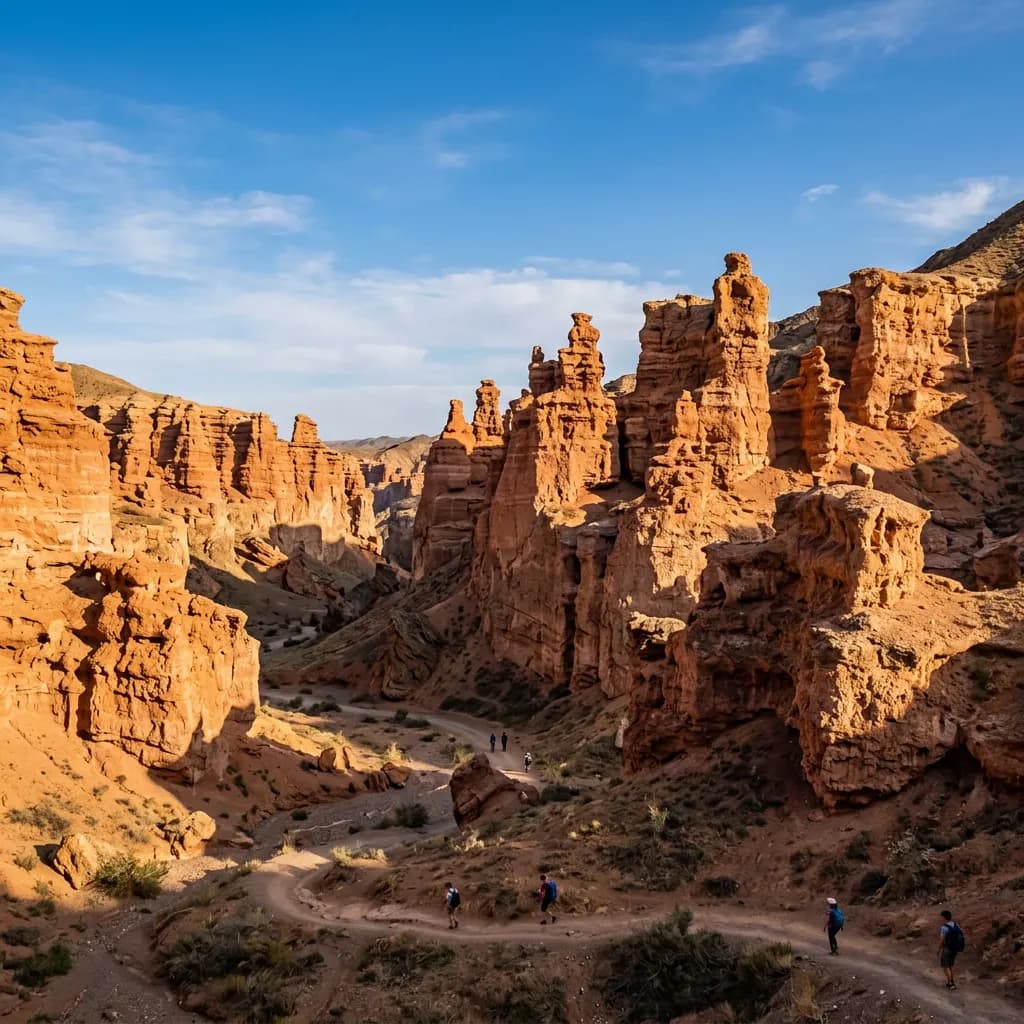 Red rock formations of Charyn Canyon at golden hour