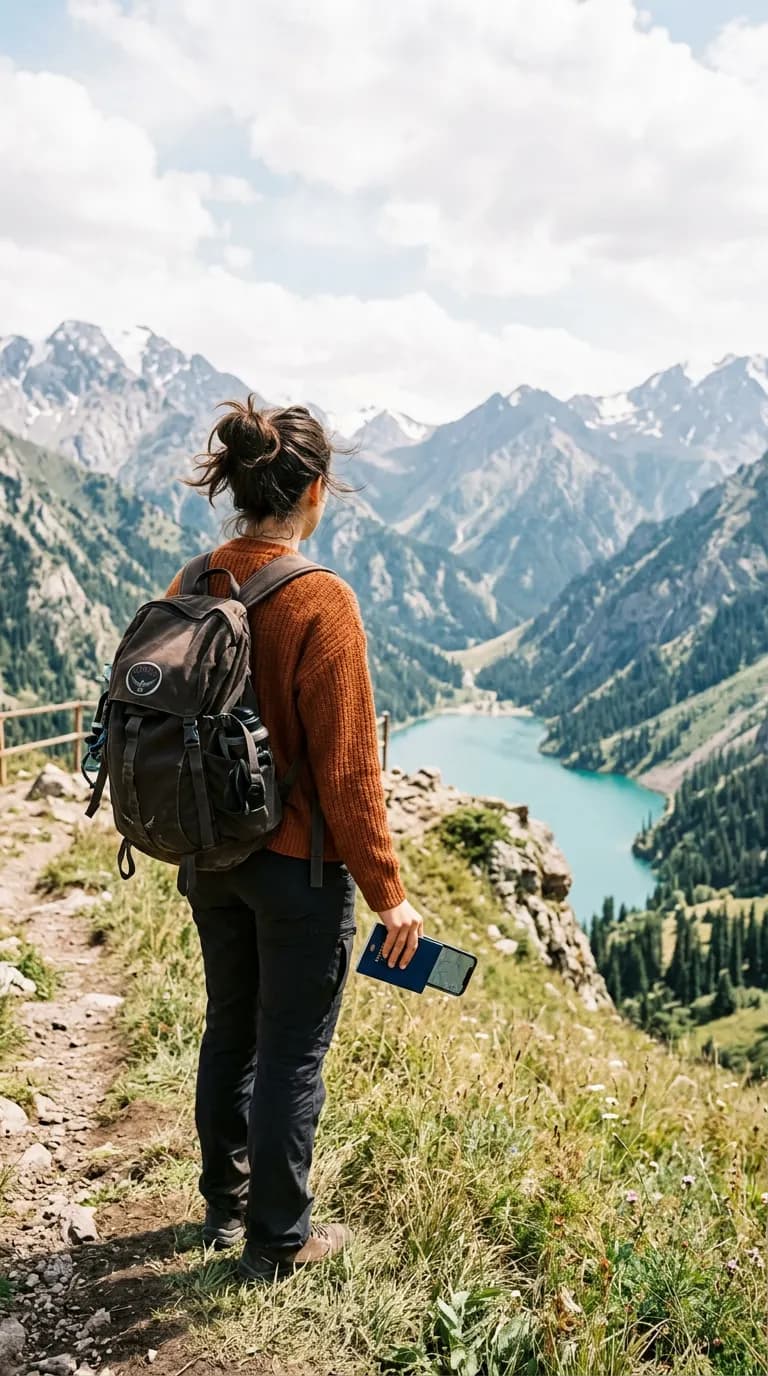 Traveler holding a passport and looking toward snow-capped mountains in Kazakhstan